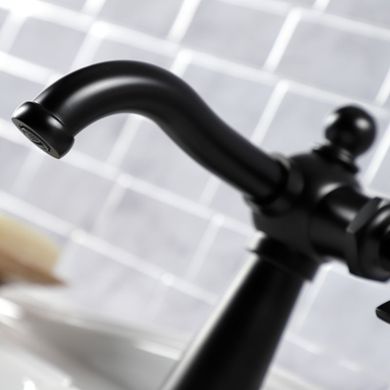 Kingston Brass Fuller Single-Handle 1-Hole Deck Mount Bathroom Faucet with Push Pop-Up and Deck Plate, Matte Black, Wheel