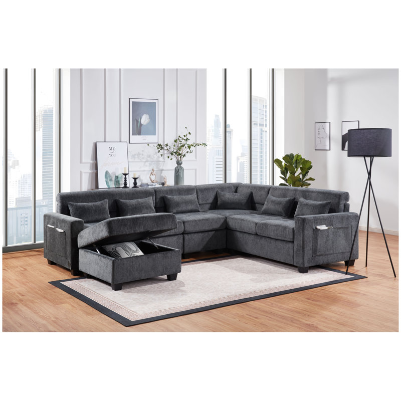 Canapé d'angle Trey 115"W en chenille grise avec dossier réglable, ports de chargement USB, poches sur les accoudoirs, pouf de rangement et coussins décoratifs