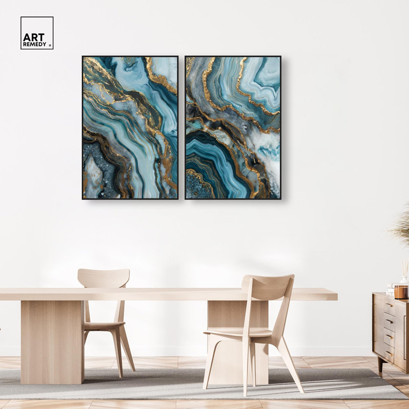 Ensemble de toiles « Geode » sur le thème de l'océan - Ensemble de décoration murale « Geode » par Art Remedy, cadre noir, 10 x 15