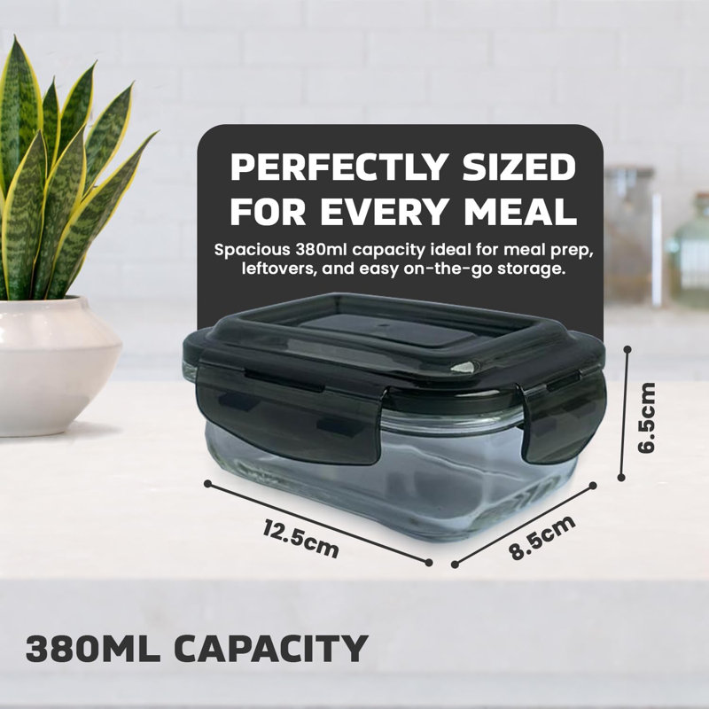1 X Airtight Glass Food Storage Container 380ml Silicone Seal Plastic Lids Meal Prep Takeaway Lunch Boxes