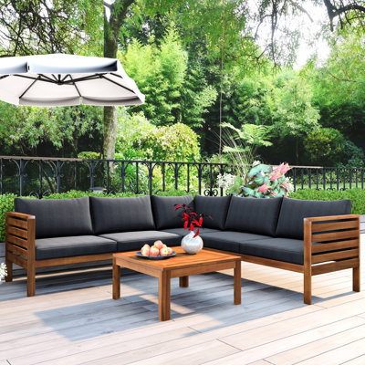 Mobilier d'extérieur avec - Coussins souples en bois, accessoires en métal, base