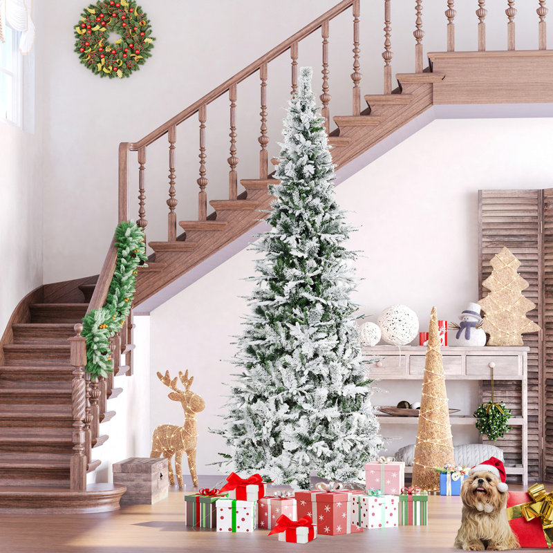 9' Unlit Snow Flocked Pine Artificial Christmas Tree With Realistic Branches And 1159 Tips