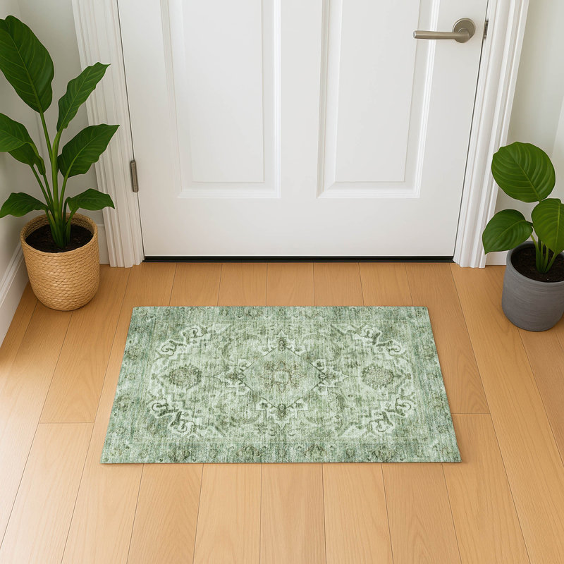 Premium Machine Washable Mayfield AMF2164 global Rug, Rectangle 1'8" x 2'6", Aloe