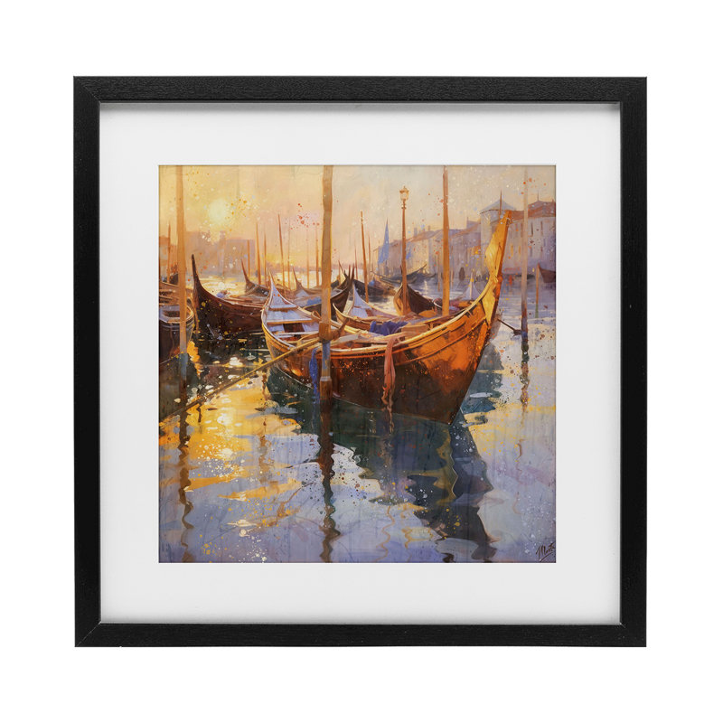Venetian Gondolas in Golden Light Framed Print Under Glass, design by Marta Wiley, Midnight Black Under Glass Framed