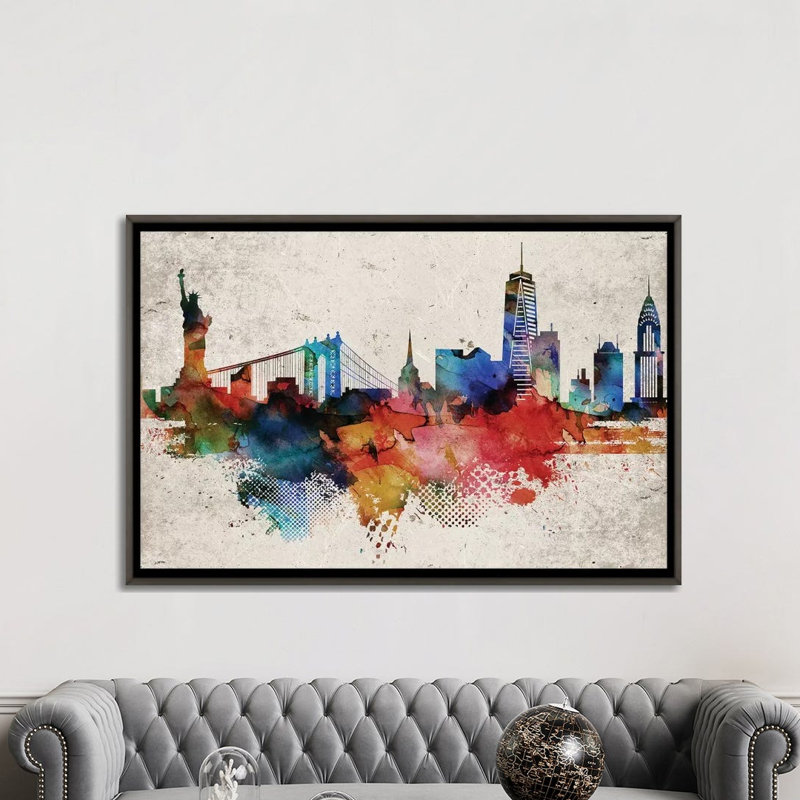 New York Abstract - impression d'art graphique, H 40 po x l 60 po x 1,5 po, Aucun mat, Toile encadrée de bois rustique foncé