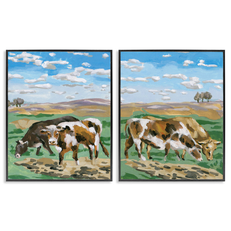 Vaches broutant dans un champ, ensemble de 2 giclées sur toile par Melissa Wang, Giclée encadrée noir minuit