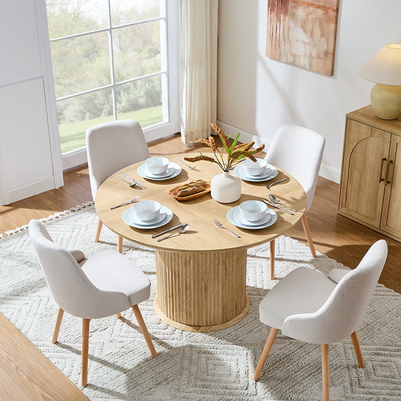 Table de salle à manger 47 "pour 6 personnes avec bord épaissi et base cylindrique, Chêne naturel