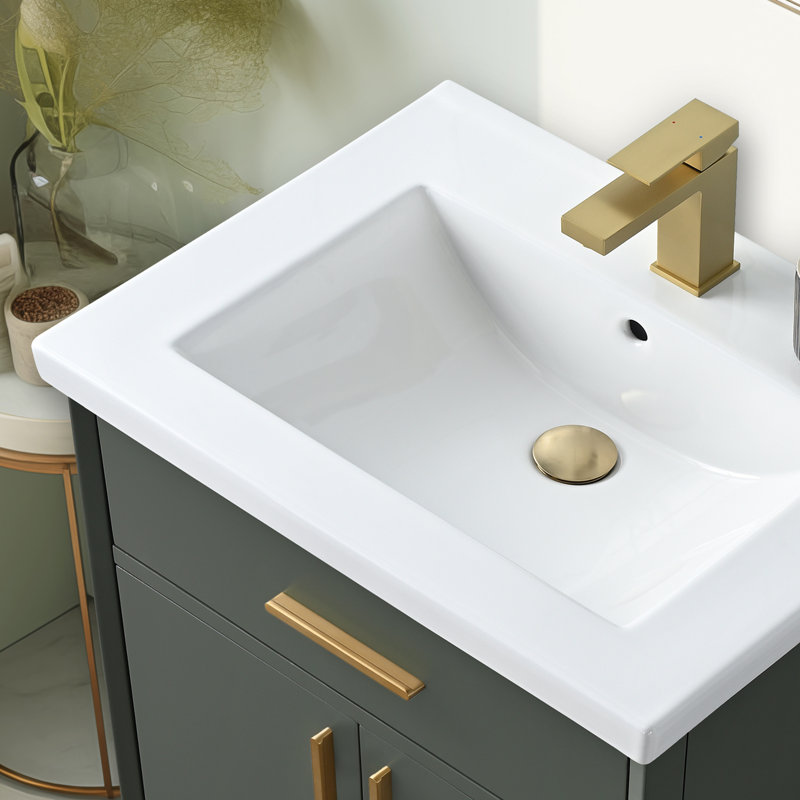 Ensemble de meuble-lavabo simple 24 po avec plateau en céramique Lalena, Vert rétro / bronze brossé