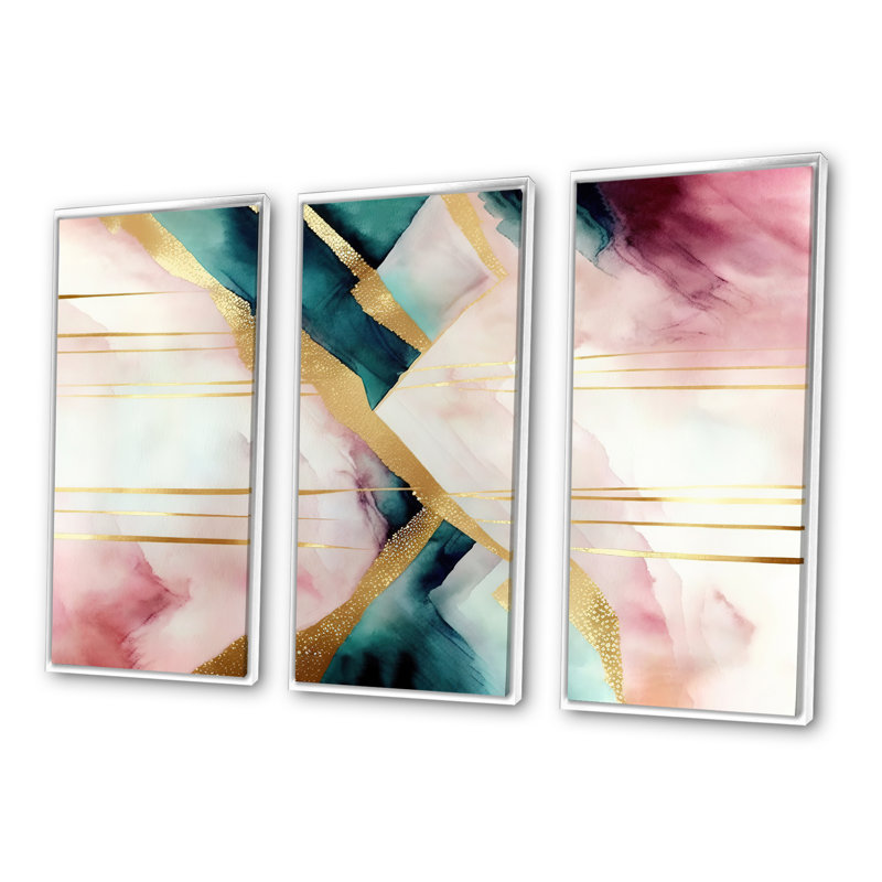 Abstrait géométrique géométrique rose et vert II - 3 pièces sur toile, H 28 po x l 36 po x P 1 po, Cadre flottant blanc