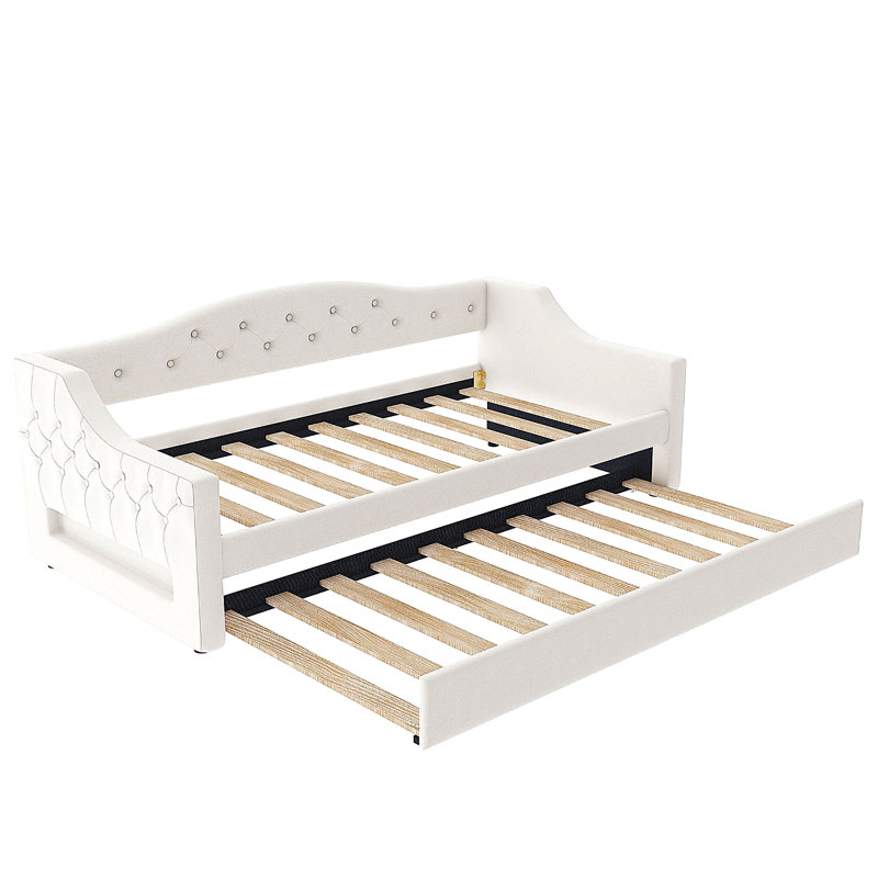 Upholstered Size Daybed With LED Belt And Trundle, Beige