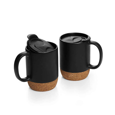 Ensemble de tasses de voyage 2 pièces | Céramique noire 15 oz avec base et couvercle en liège