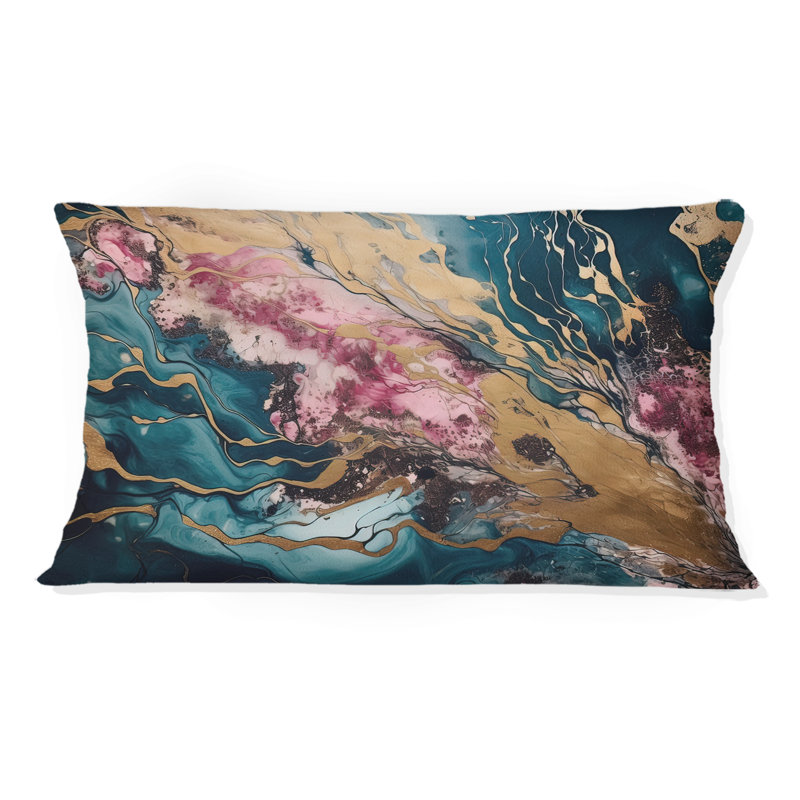 Exploration des profondeurs de la géode d'or rose II - Coussin décoratif imprimé en marbre abstrait