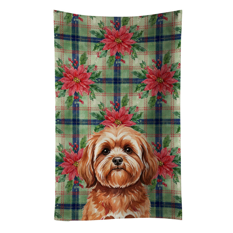 Red Lhasa Apso Christmas PoinsettIas Kitchen Towel, Red Lhasa Apso