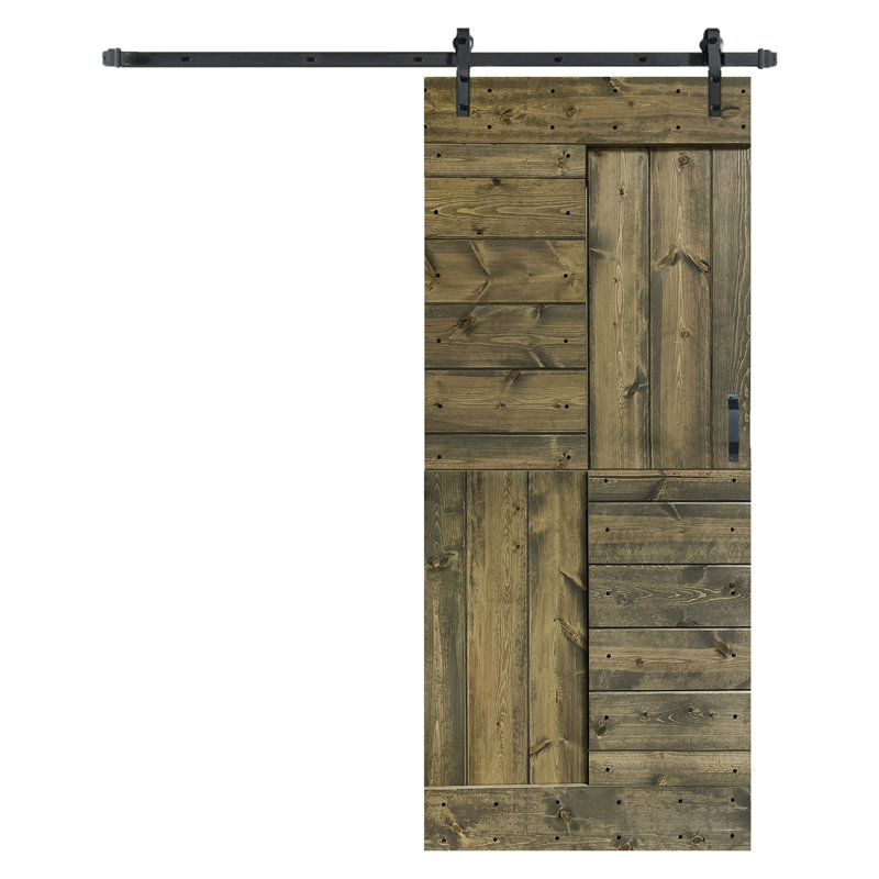 Aged Barrel Finished Solid Wood Sliding Barn Door Kit with Matte Black Hardware