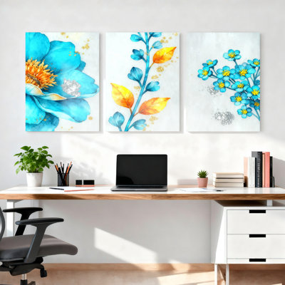 Ensemble de 3 toiles murales aquarelle florales bleues, style bohème moderne, pour salon, chambre ou décoration intérieure.
