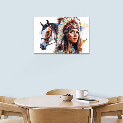 Adric Chief Feather Headdress and Horse Painting Western Canvas Prints Ready to Hang American Indian Art Poster Picture for Home Living Room Bedroom Wall Decor Framed, 12×16 Inches