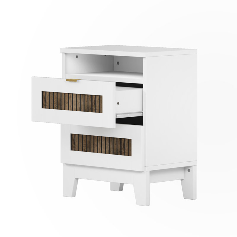 White and Brown Wooden 2-Drawer Farmhouse Nightstand