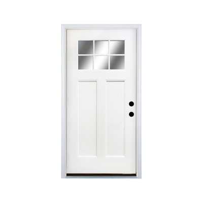 Porte d'entrée en fibre de verre, porte de 36 po x 80 po avec moulure de brique, cadre en vinyle 4-9 / 16, apprêt blanc, ouverture vers la gauche, porte d'entrée avant assommante, artisan à 2 panneaux, verre à faible émissivité à 6 lumières