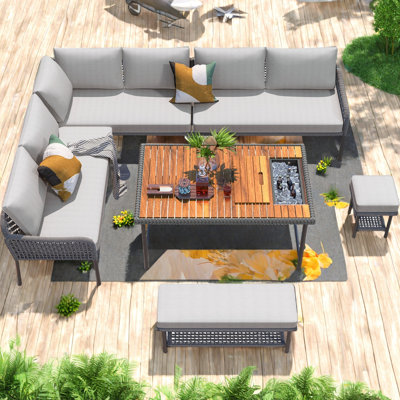 Ensemble de 6 chaises en forme de L en corde de patio, ensemble de canapé modulaire d'extérieur avec table en bois d'acacia avec glacière, bancs en corde, ensemble de conversation en corde avec assise profonde et coussin épais pour canapé
