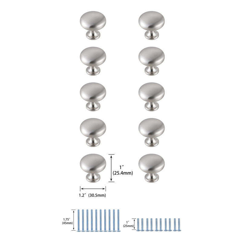 Poignée champignon 1,2 po de diamètre, Nickel brossé