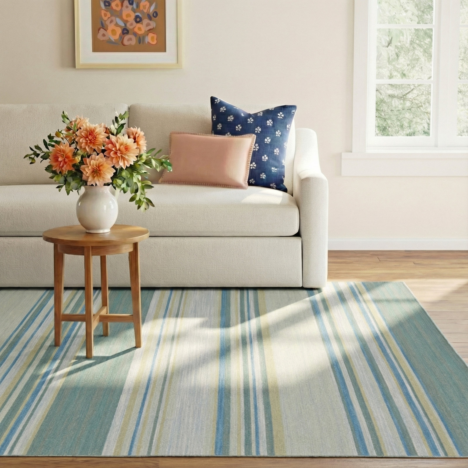 Creekmont Blue Hand-Woven Striped Wool Rug, Rectangle 7'10" x 9'10"	