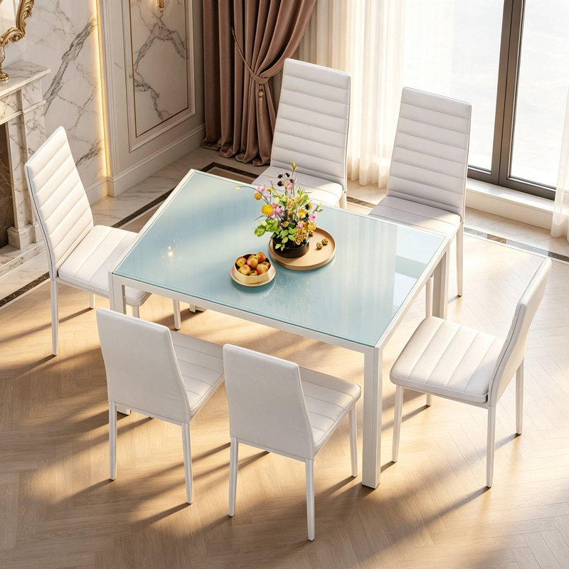 7 - Piece Glass Top Dining Set, Dining Table with 6 Faux Leather Chairs, White, White