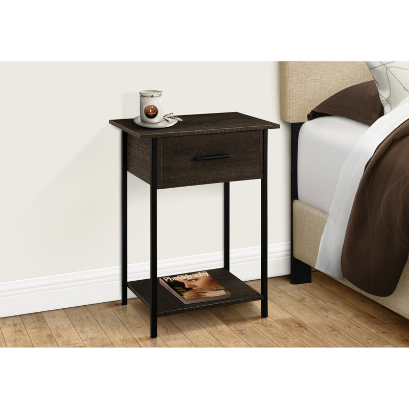 24" High Side Table With Drawer - Dark Oak Laminate And Black Metal Finish Storage Shelf Appeal