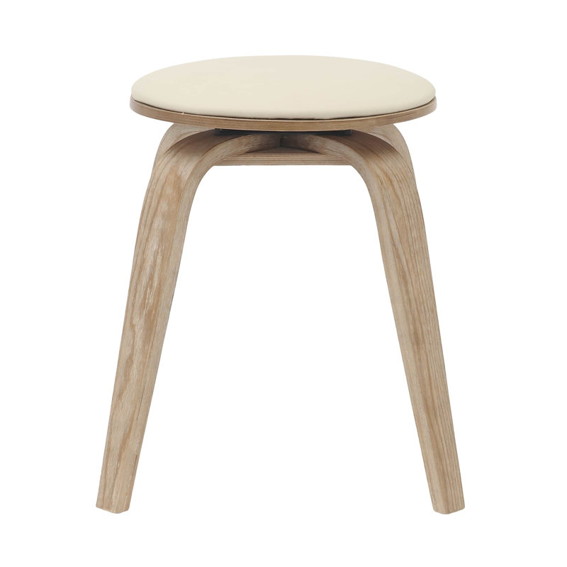 Hoxha Leather Round Dining Stool with Poplar Wood Legs and Swivel, Taupe/Washed Walnut