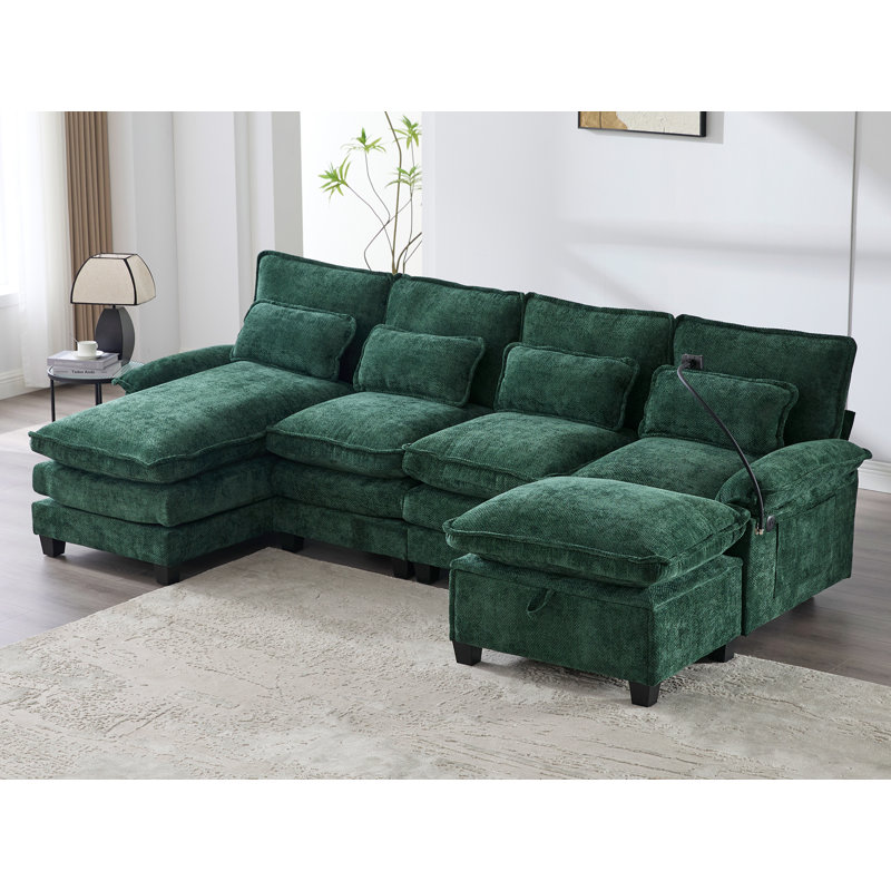 Canapé modulaire en U modulaire 4 places Modern Chenille, Chenille émeraude