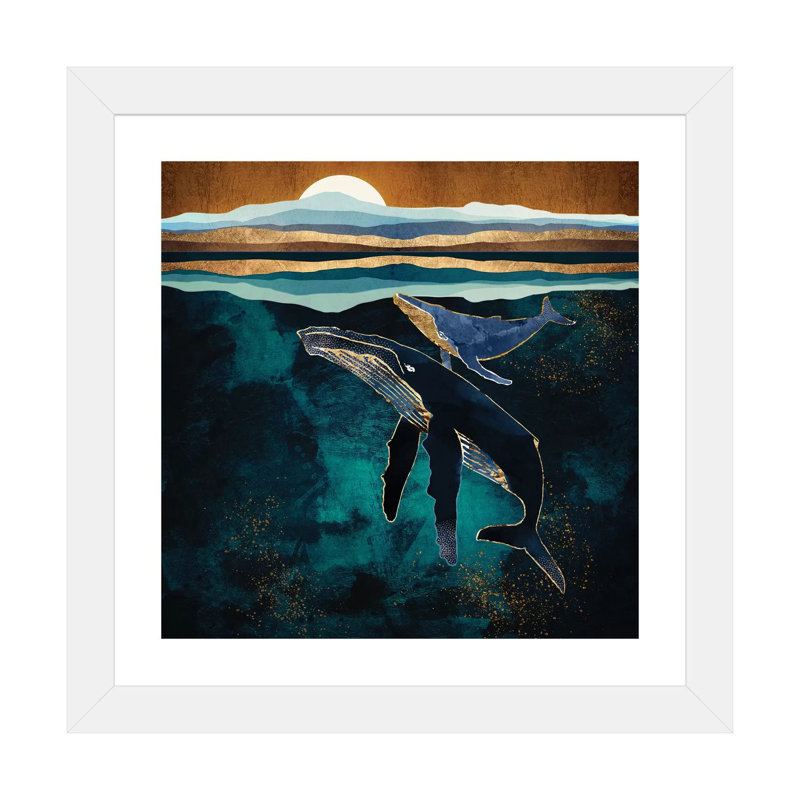 Moonlit Whales - impression d'art graphique, Blanc, H 24 po x l 24 po x p 1 po, Papier encadré blanc
