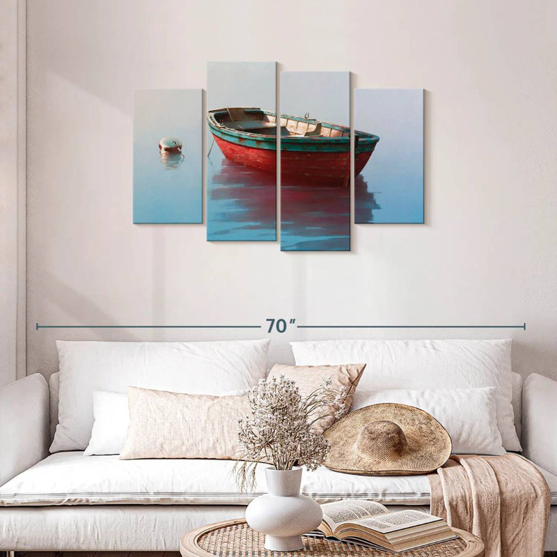 Mehar, chaloupe rouge sur les eaux calmes, H 27 po x l 43 po