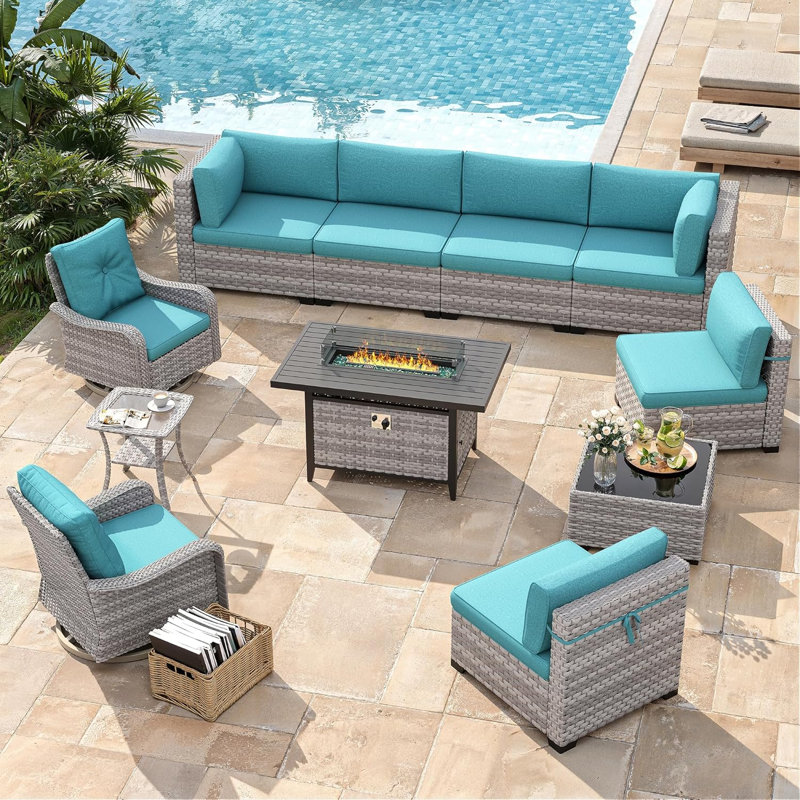 8 - Person Outdoor Rattan Furniture Patio Set with Fire Pit Table, Blue
