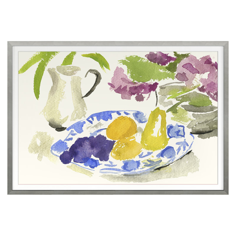 Blue Plate With Pears Print by Dana Gibson, Silver Framed, 25" H x 36" W x 1.25" D