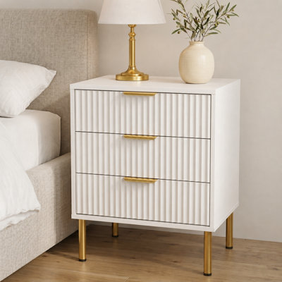 Modern 3-Drawer Nightstand with Fluted Design and Gold Hardware