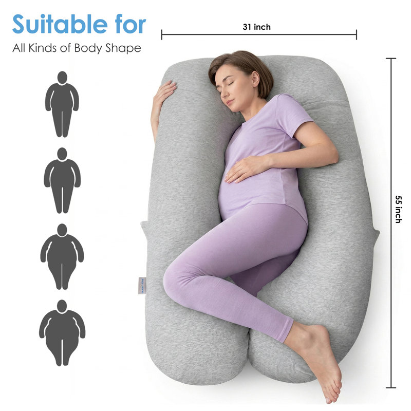 QUEEN ROSE Pregnancy Pillows, Cooling Maternity Pillow for Sleeping, 55in U Shaped Body Pillow for Pregnant Support, with Removable Silky Cover, Gray