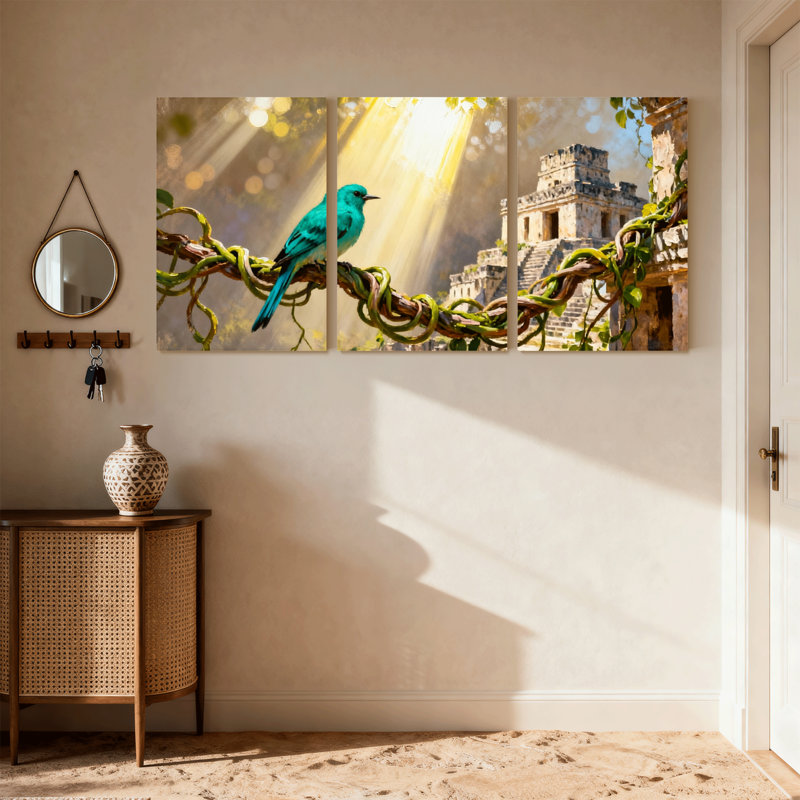 Oiseaux sur vigne avec ruines antiques, ensemble de 3 impressions sur toile, H 24 po x l 48 po
