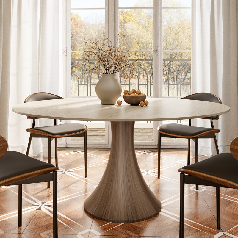 Travertine Texture Stone Dining Table, Dark Walnut, 29.52”H x 53”L x 53”W