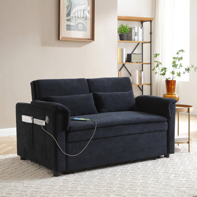 Canapé-lit convertible en velours de 55 po avec dossier réglable et ports USB - causeuse escamotable 3-en-1 avec poches latérales et coussins pour les petits espaces, le salon et les invités
