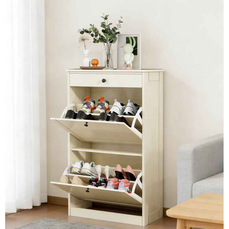 Double Flip-Down Drawer Shoe Cabinet, Oak