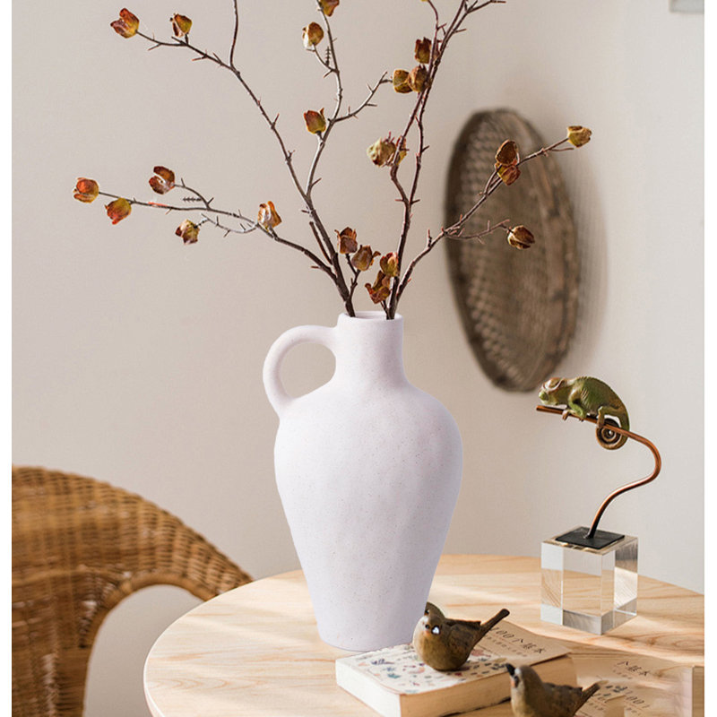 Ceramic White Vase With Handle For Home Decor, 10" H x 6.5" W x 4.5" D
