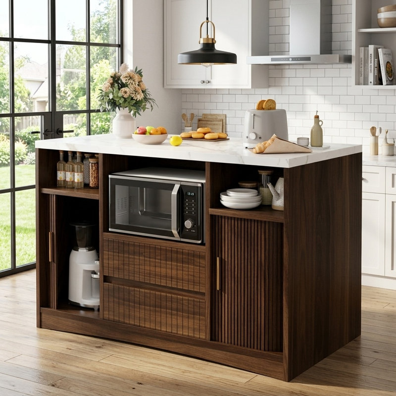 47.2" Kitchen Island with Storage, Power Outlet & LED Lights, Walnut