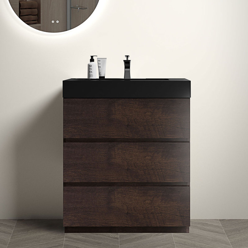 Meuble-lavabo autoportant avec tiroirs, Noyer / noir