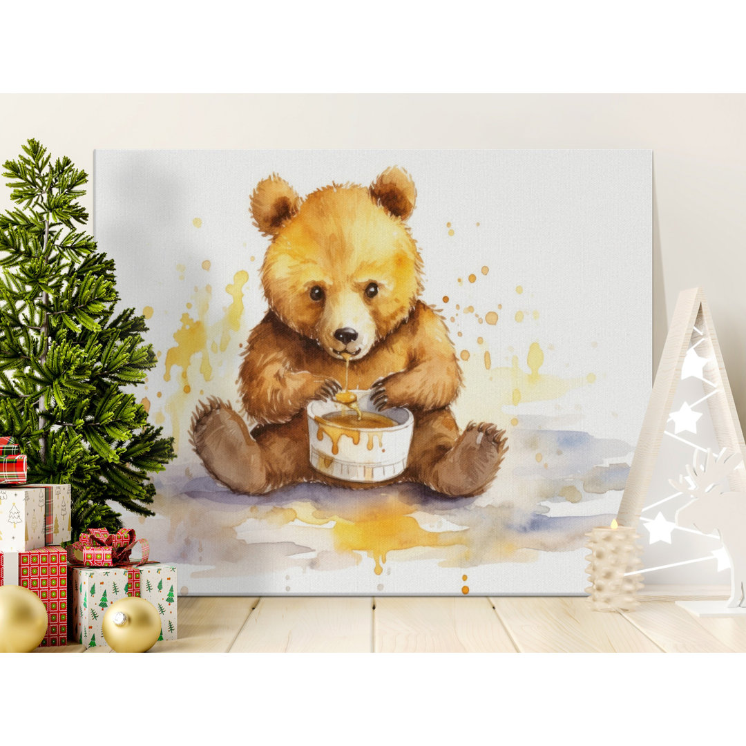 Cute Baby Bear Eating Honey Canvas Print, Watercolor Animal Nursery Wall Art, Sweet Woodland Baby Shower Gift for Kids Room Decor