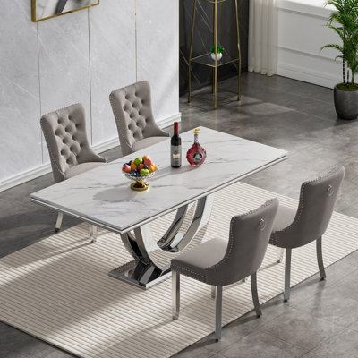 Luxury Marble Dining Table Set for , 68" Dining Room Table with Dining Chairs, White Dining Table with Faux Marble Top & Stainless Steel Pedestal, Large Dining Table and Chairs Set for Home Furniture