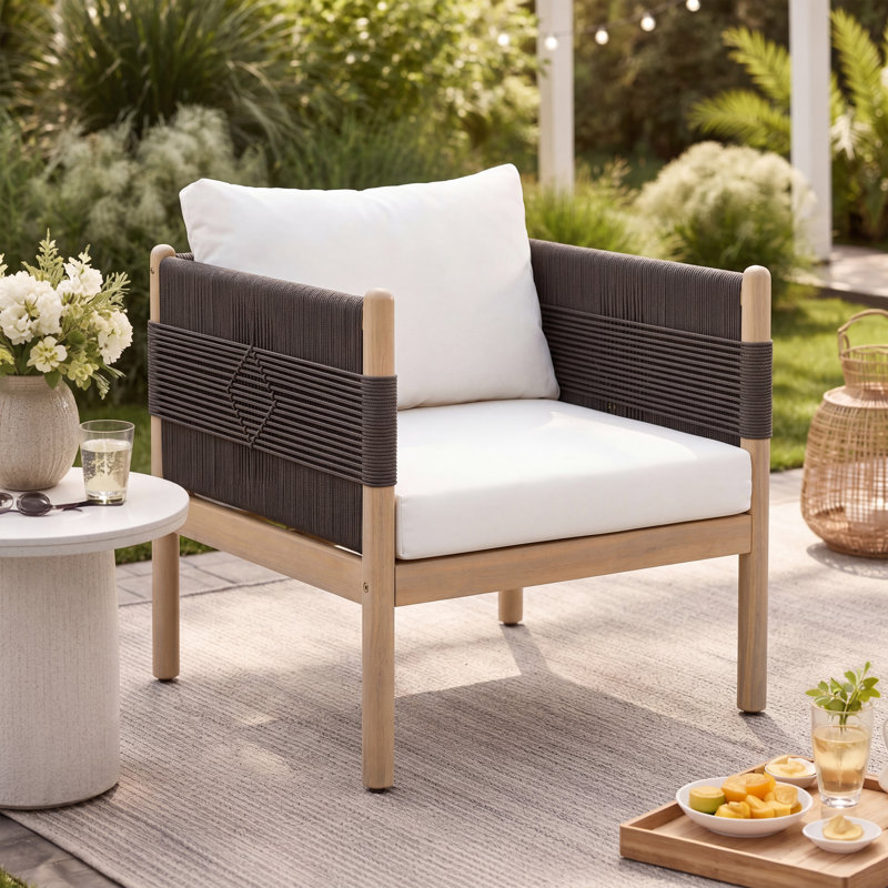 Fauteuil club d'extérieur en bois d'acacia avec tissage et coussins en corde de diamant, teck clair