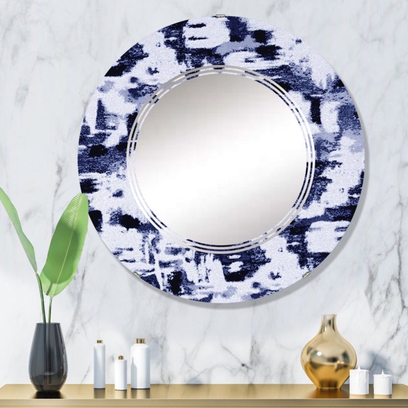 Impression abstraite en bleu classique sur blanc II - Miroir mural moderne rond, 32 po x 32 po