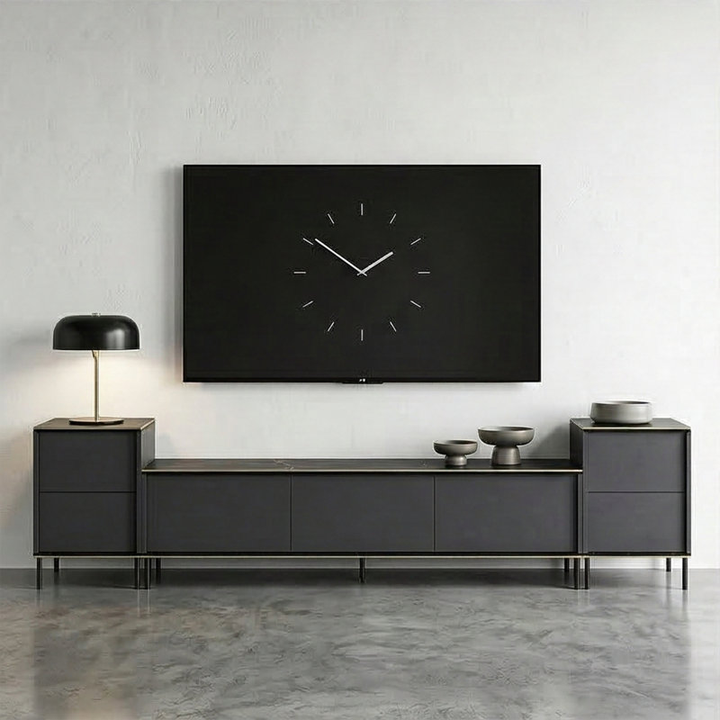 Meuble télé moderne 71 po avec 2 armoires latérales assorties et accents dorés luxueux