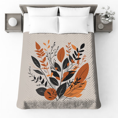 Orange Black Foliage Quilted Bedspread All Sizes
