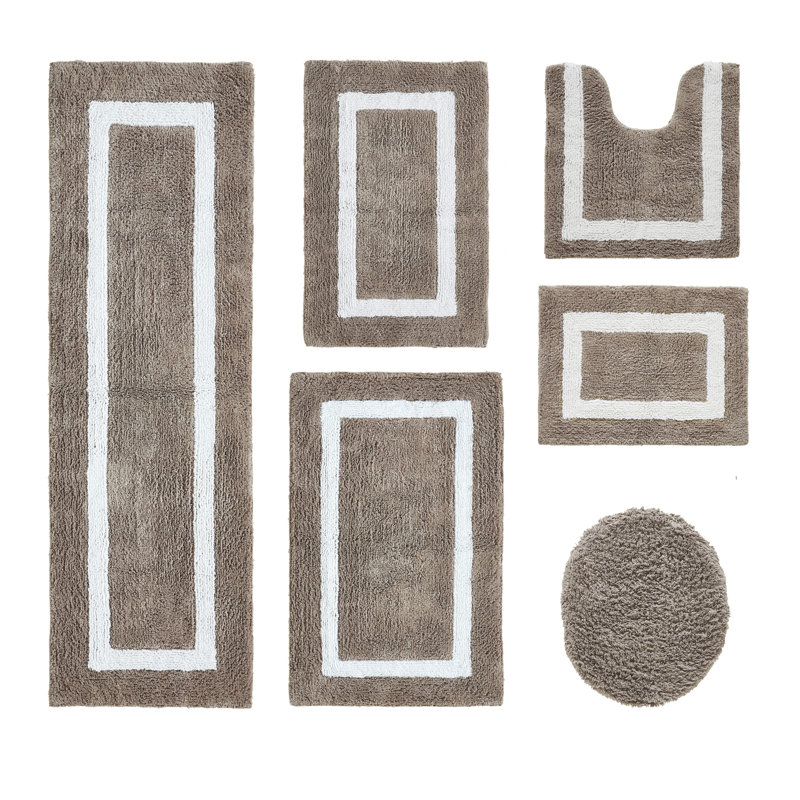 Hotel Premium 100% Cotton 2370 GSM 6-Piece Bath Rug Set, OEKO-TEX® Certified, Ultra Plush Tufted Race Track Design, Super Absorbent, Reversible, Machine Washable Bathroom Mats, Beige/White
