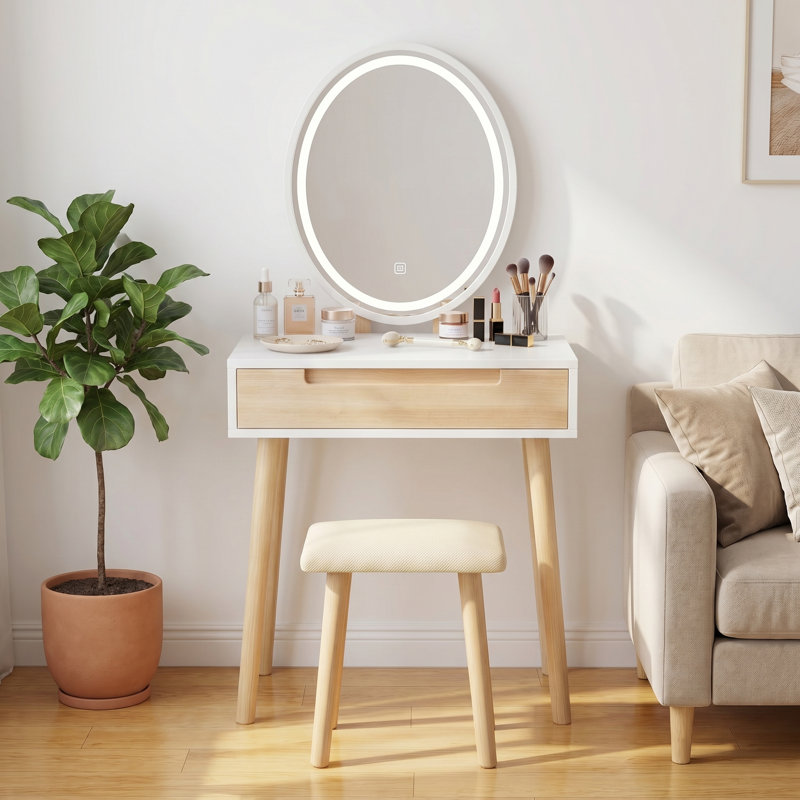 Leicester Vanity Table Set with Adjustable Brightness Mirror and Cushioned Stool, Wood/White